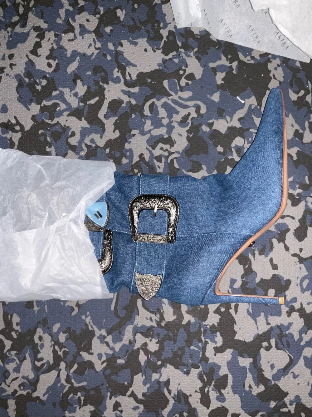 AKIRA Denim Blue Over-the-Knee Buckle Stiletto Boots